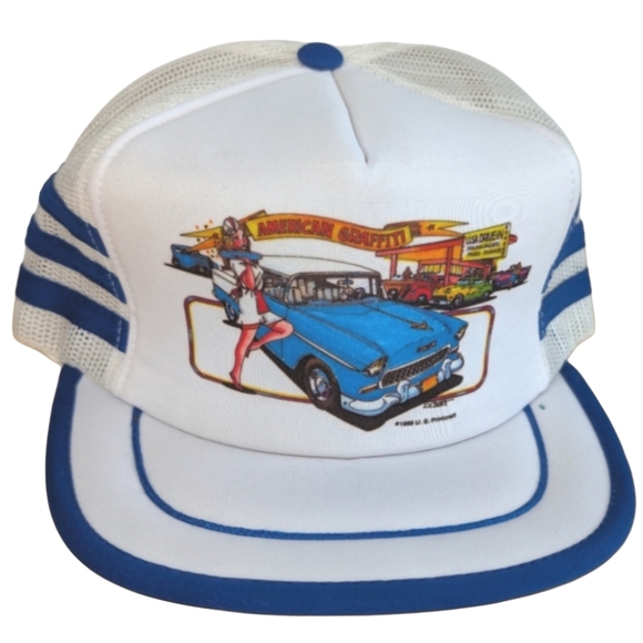 Vintage 1988 American Graffiti Mel's Custom Hats White Blue Snapback Trucker Hat - Picture 1 of 6